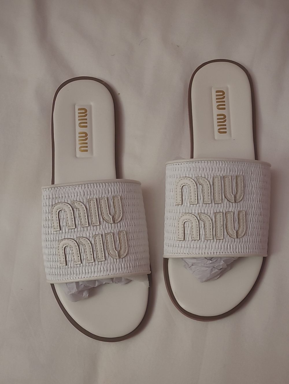 Miu Miu White Woven Logo Slide Sandals